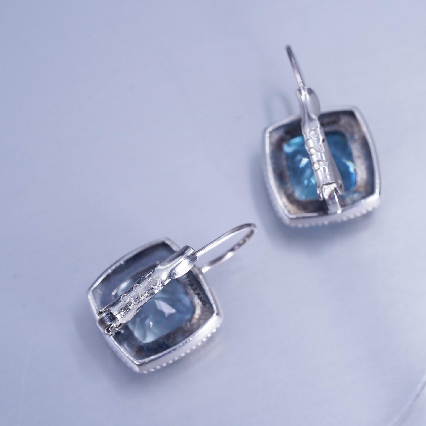 Vintage Sterling 925 silver handmade earrings with square blue topaz lever back