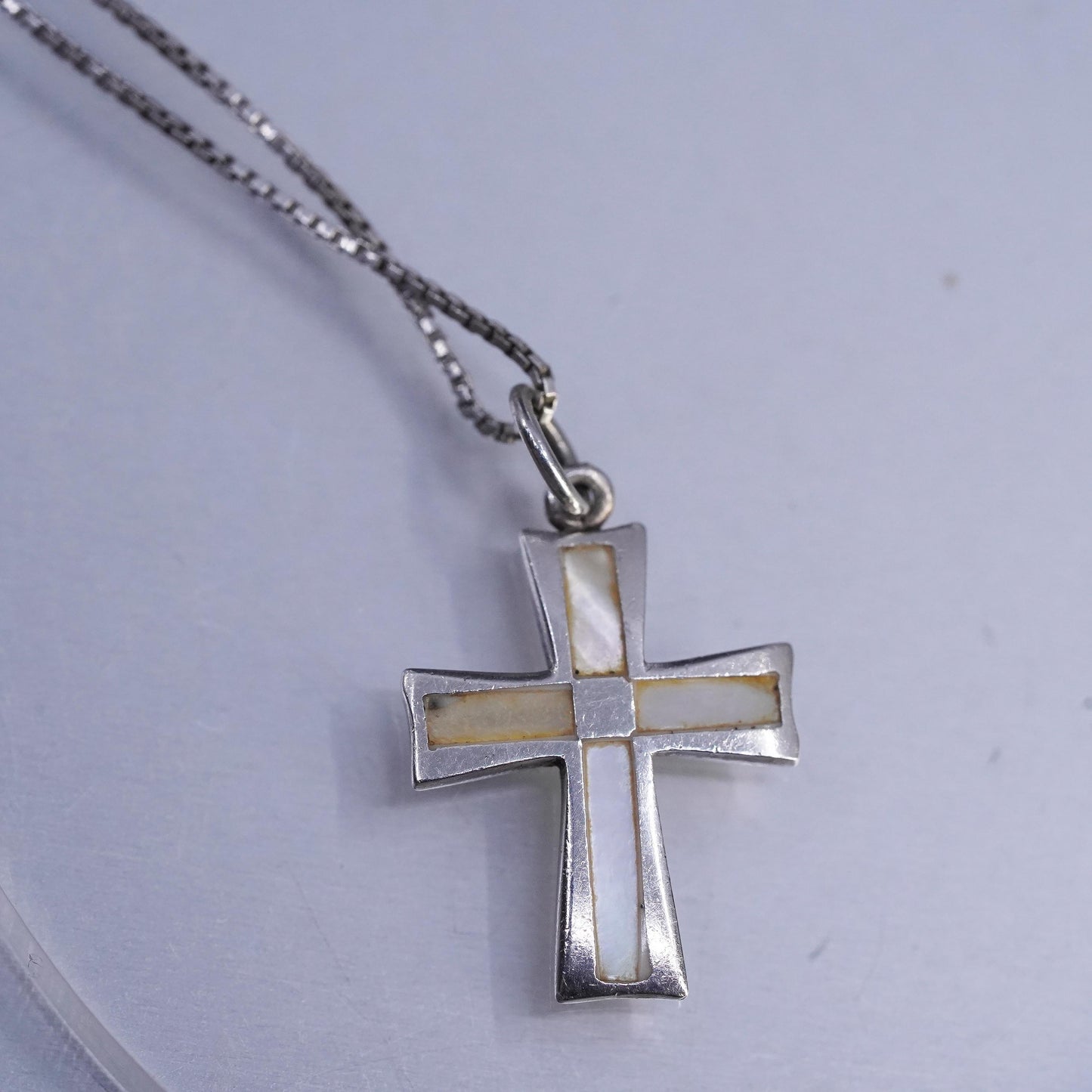 16" 1mm, vintage Sterling 925 silver box necklace mother of pearl cross pendant