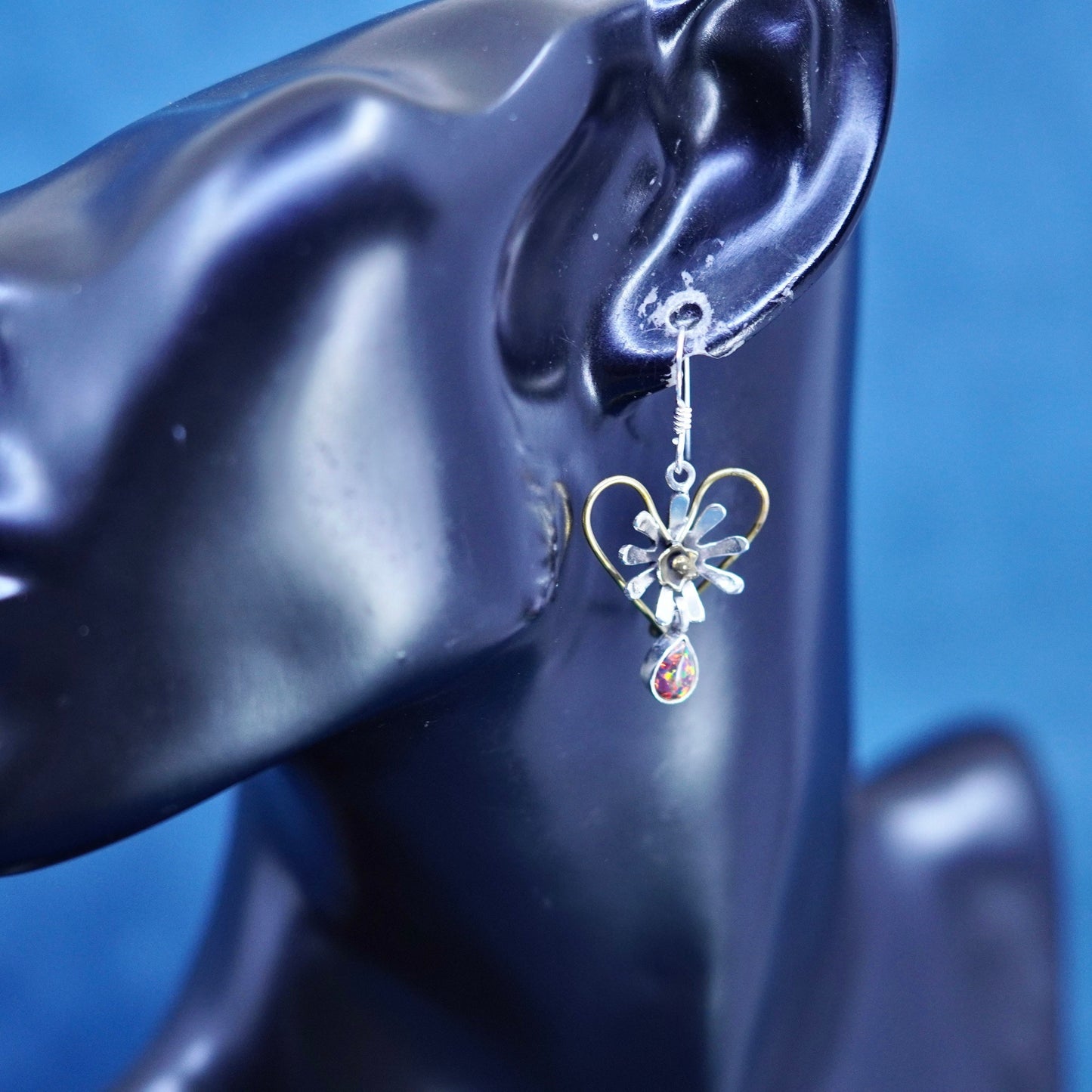 sterling 925 silver flower with brass heart earrings teardrop fire opal dangles