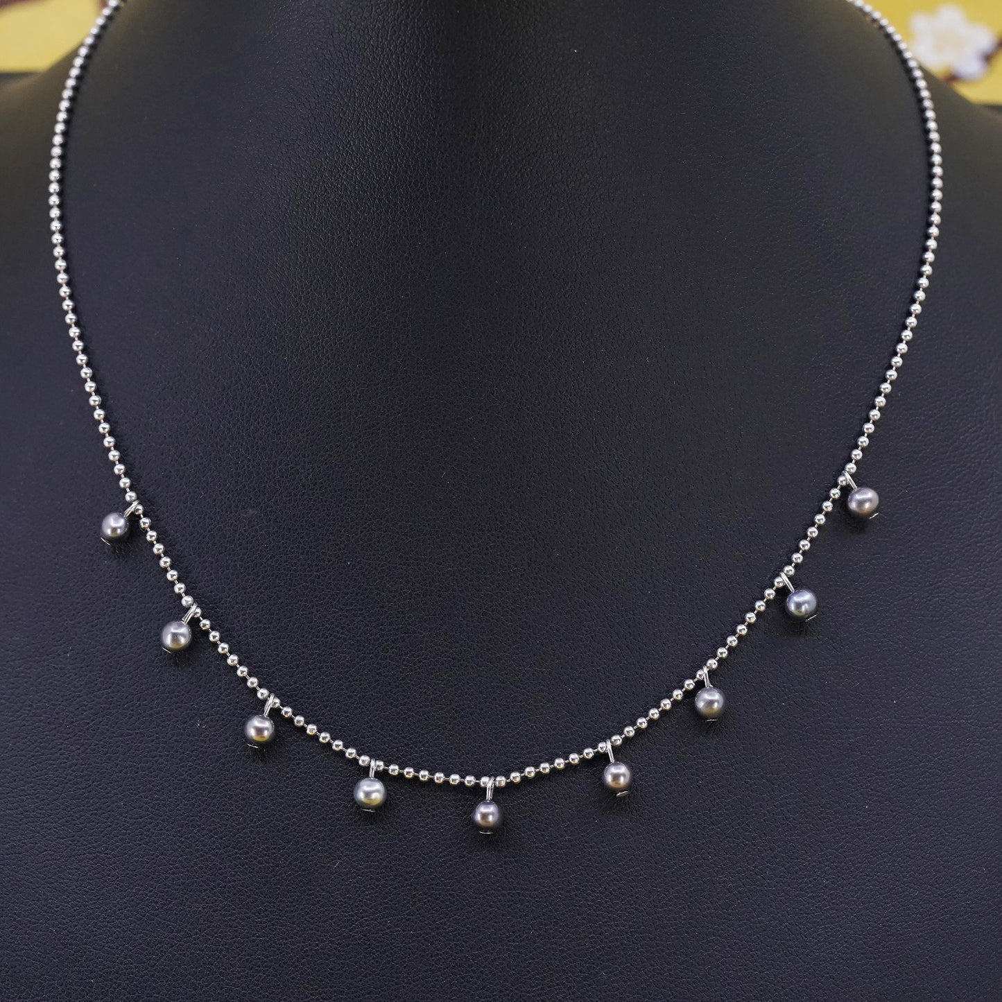 16", Italian Sterling 925 silver bead chain necklace with black pearls beads