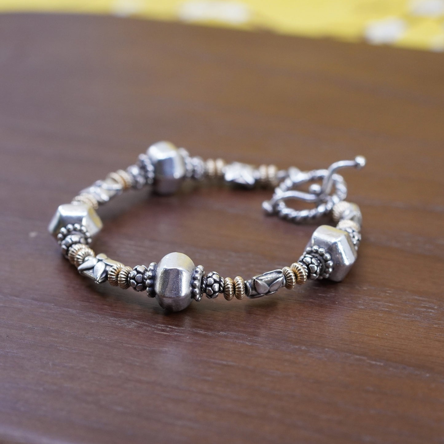 6.5”, Vintage two tone Sterling silver handmade bracelet, 925 chain with bead
