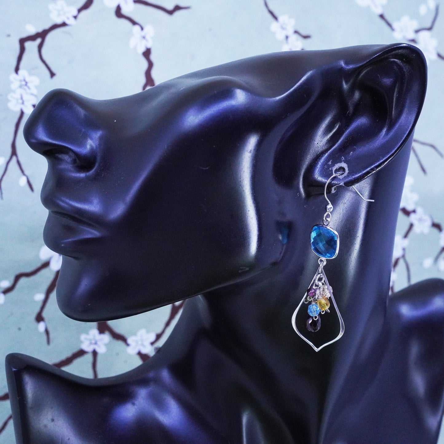 sterling silver 925 earrings with teardrop blue topaz drops and gemstone beads