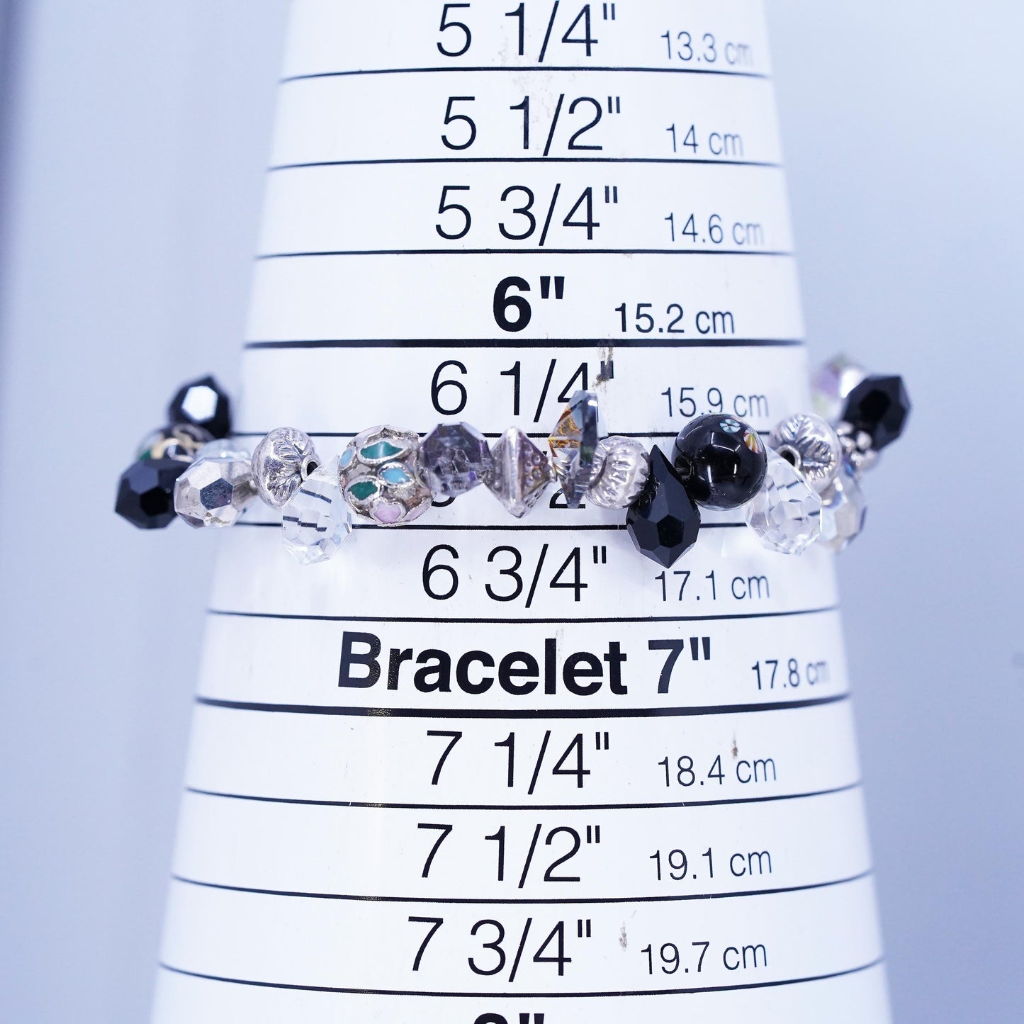 6.5", Vintage Lori B Sterling 925 Silver Bracelet w/ Crystal beads heart charms