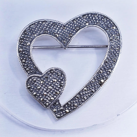 Vintage sterling silver handmade brooch, 925 heart pin with Marcasite
