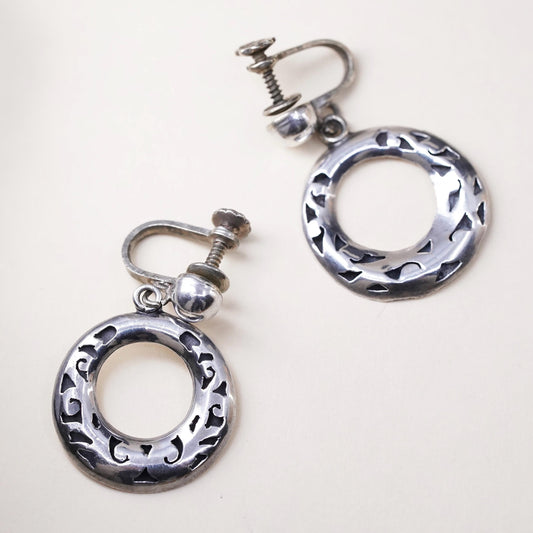 VTG Mexican Sterling silver handmade earrings, 925 screw back circle dangles