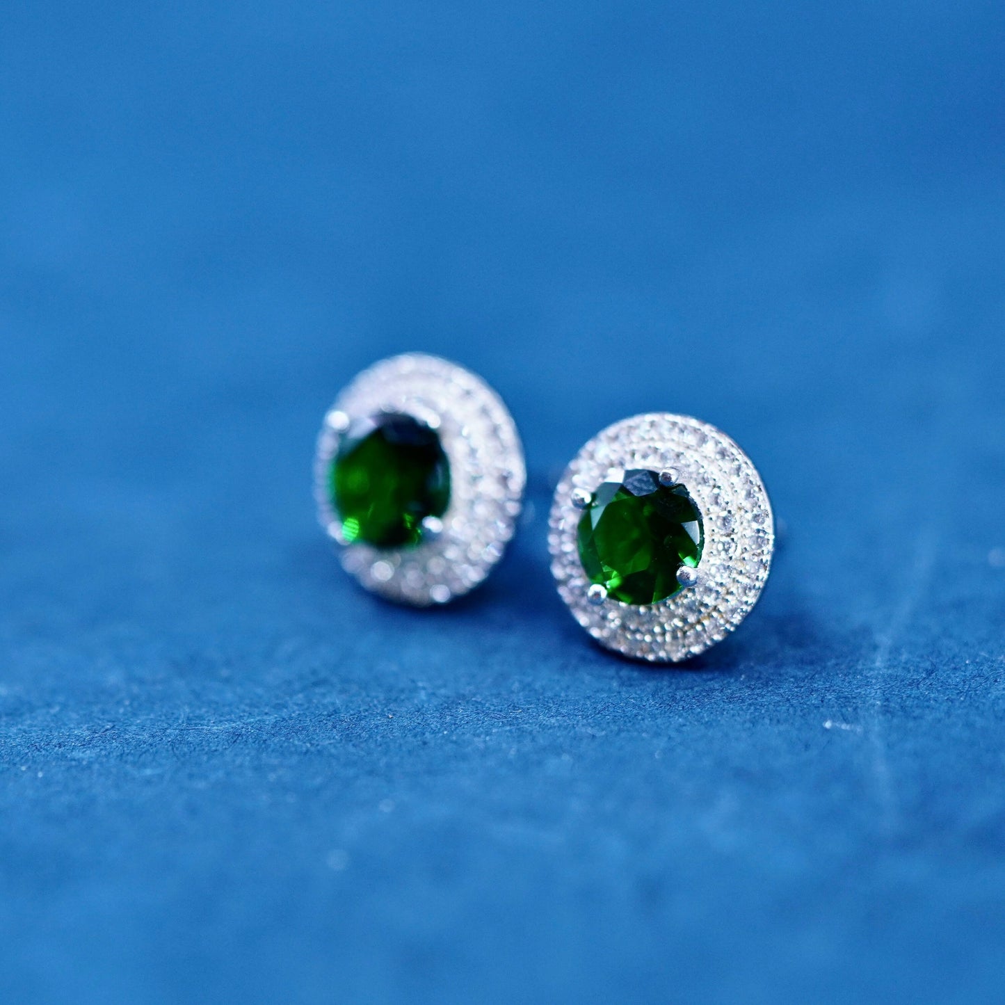 Vintage sterling silver handmade earrings, 925 studs with cluster green crystal