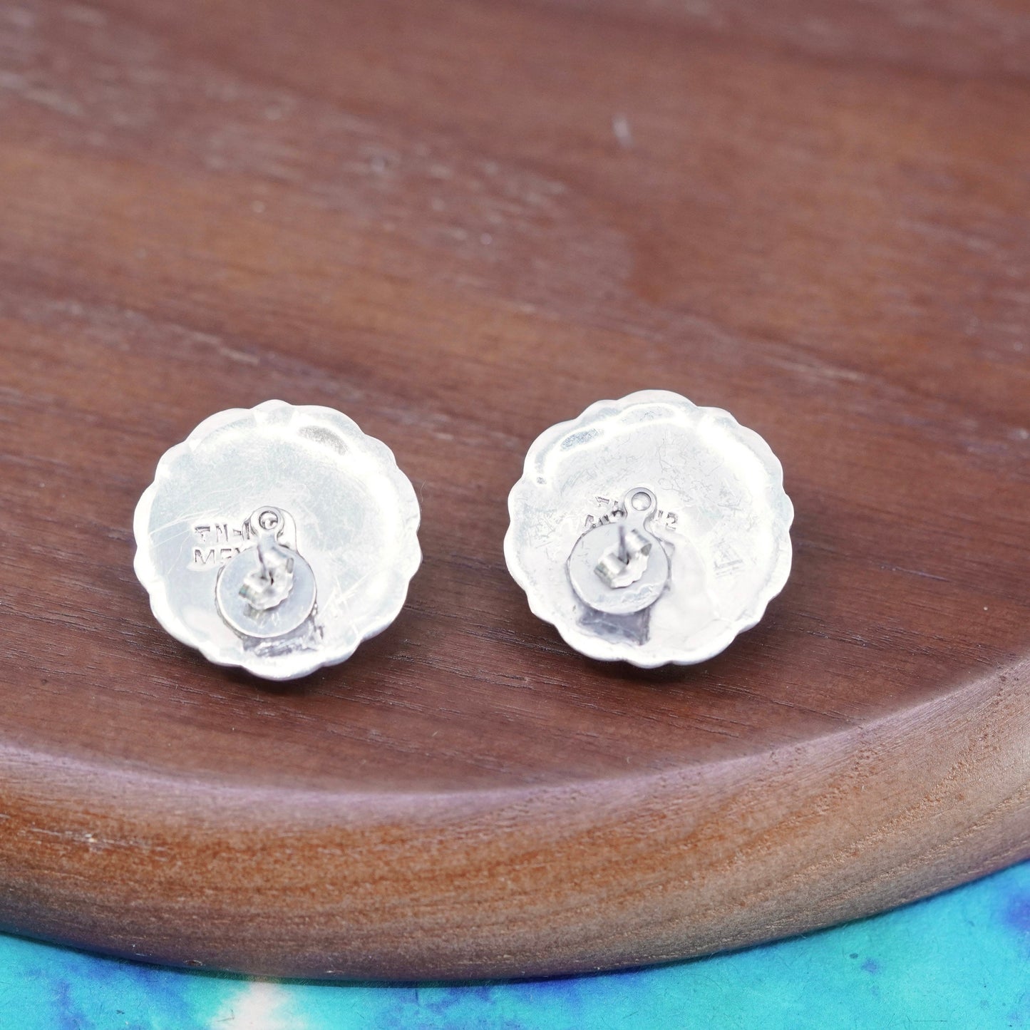 two tone Mexico Sterling silver handmade earrings, 925 flower studs brass cable