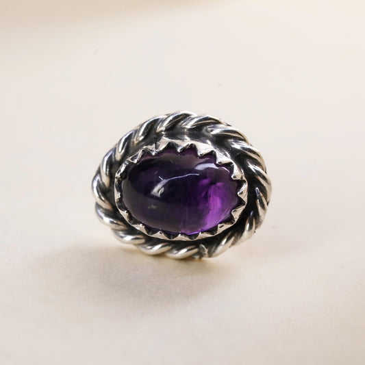 Vintage southwestern single earring. Sterling 925 silver oval stud amethyst