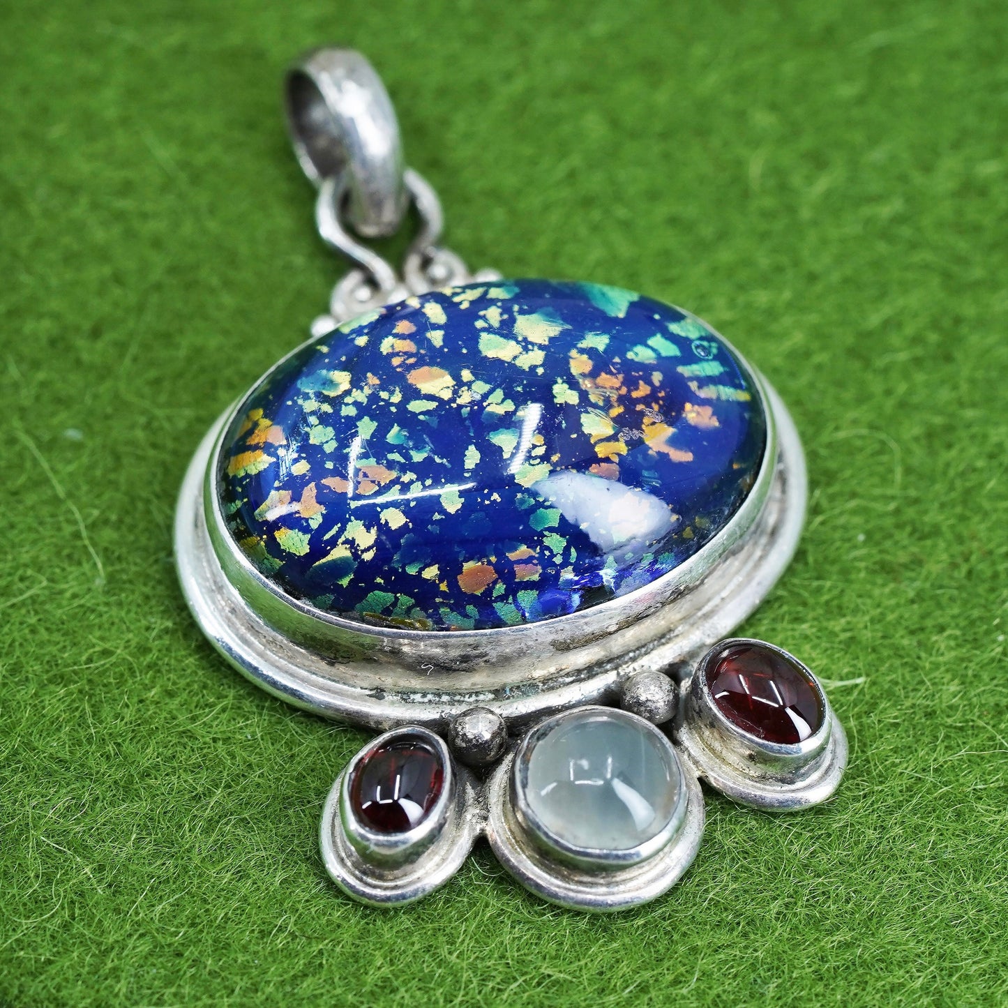 Mexico sterling silver with square dichroic foiled glass pendant garnet details