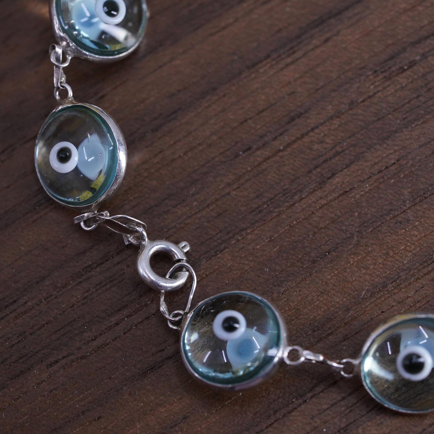 7.25", VTG sterling 925 silver handmade bracelet light blue evil eye bracelet