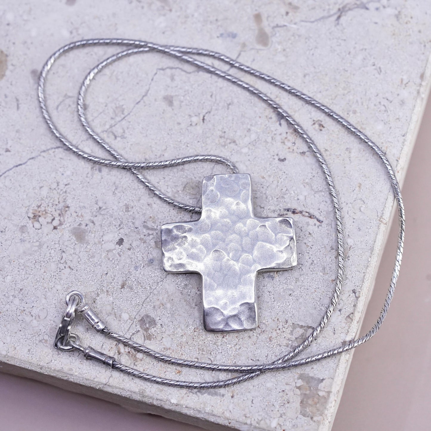 18" VTG Israel Sterling silver necklace, 925 snake chain textured cross pendant