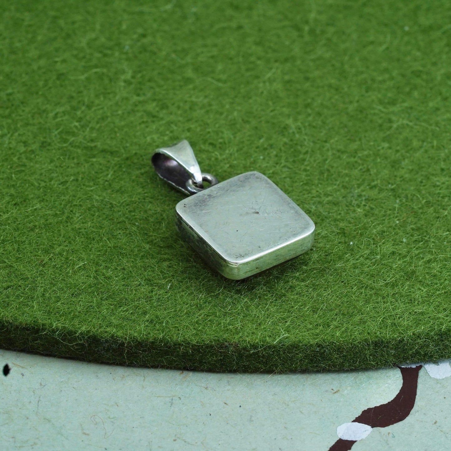 Vintage Sterling silver handmade pendant, square 925 resin with flower pendant