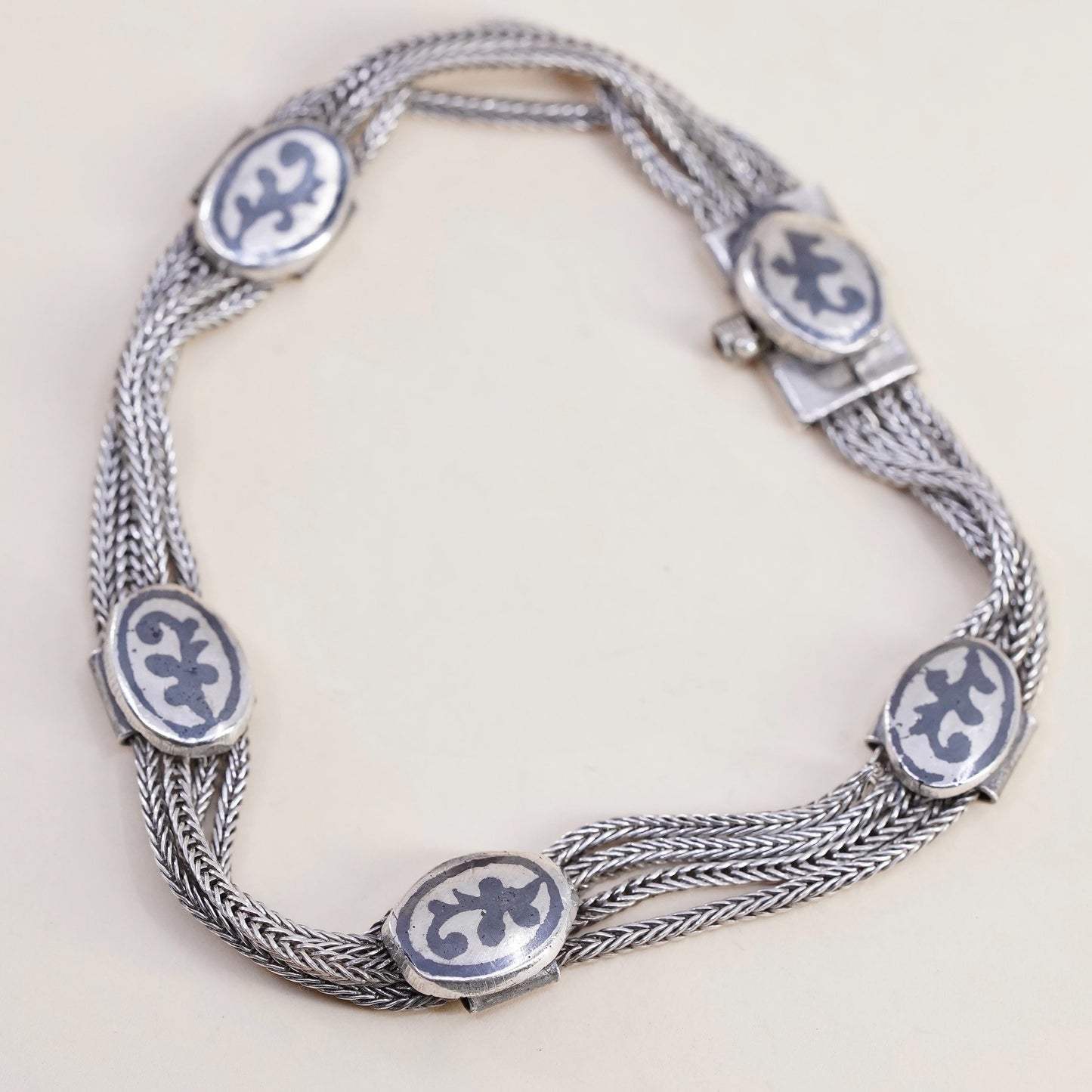 7.25”, VTG sterling silver handmade bracelet, multi strands 925 wheat chains