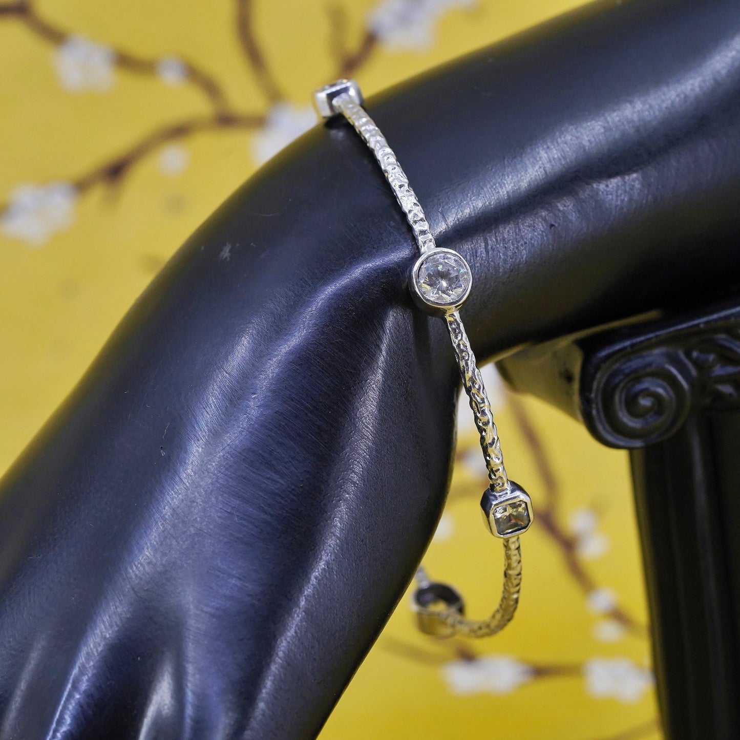 8", Vintage Milor Sterling silver bracelet, textured 925 bangle with sparkly cz