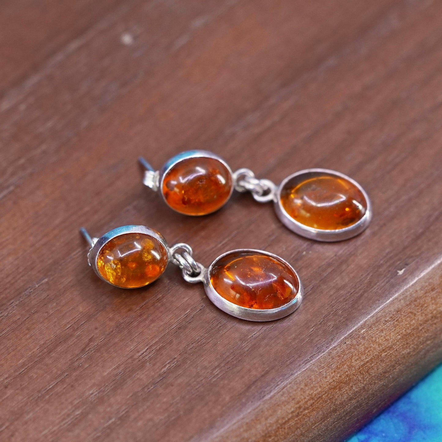 Vintage sterling silver 925 handmade earrings with oval amber