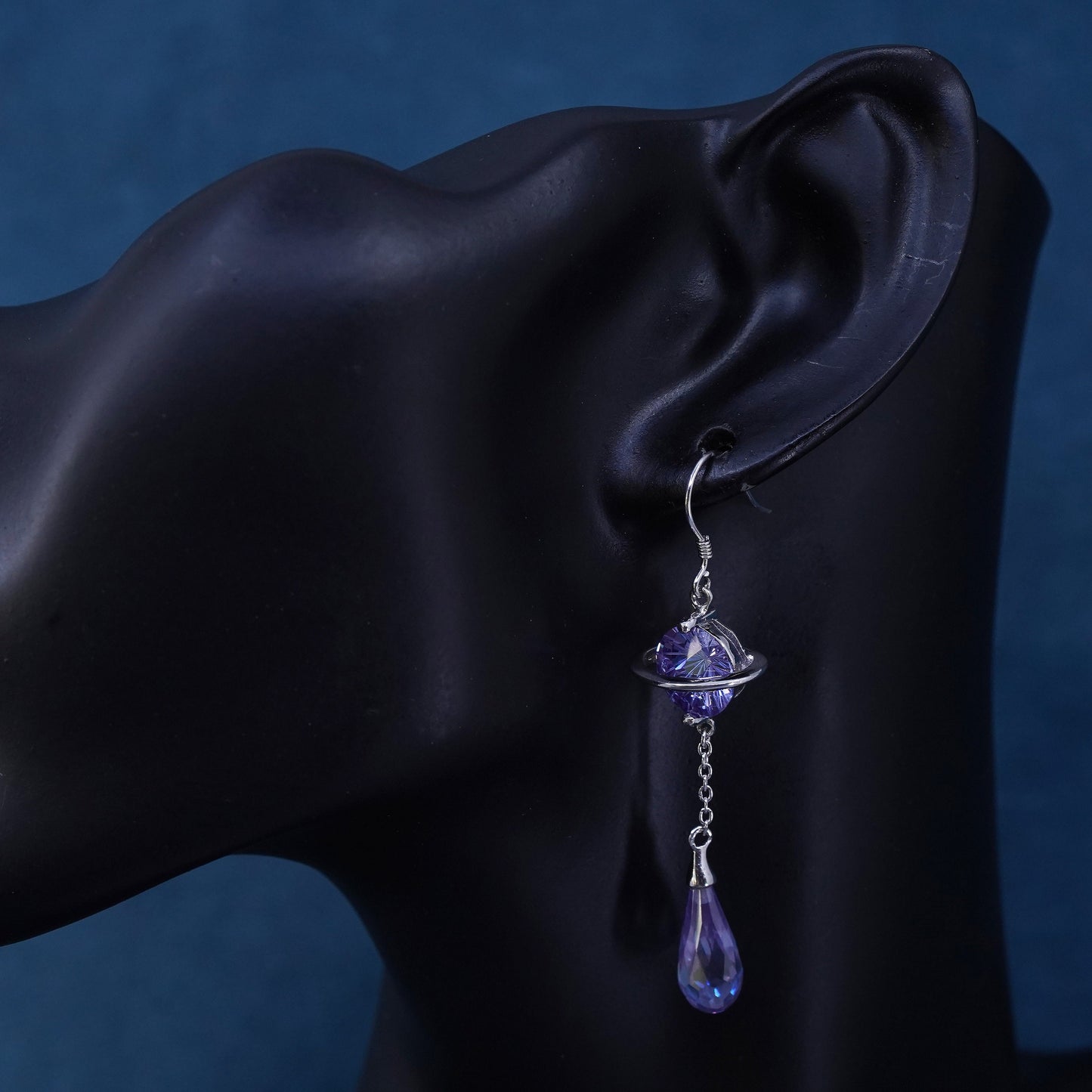Vintage sterling 925 silver handmade planet earrings with teardrop amethyst