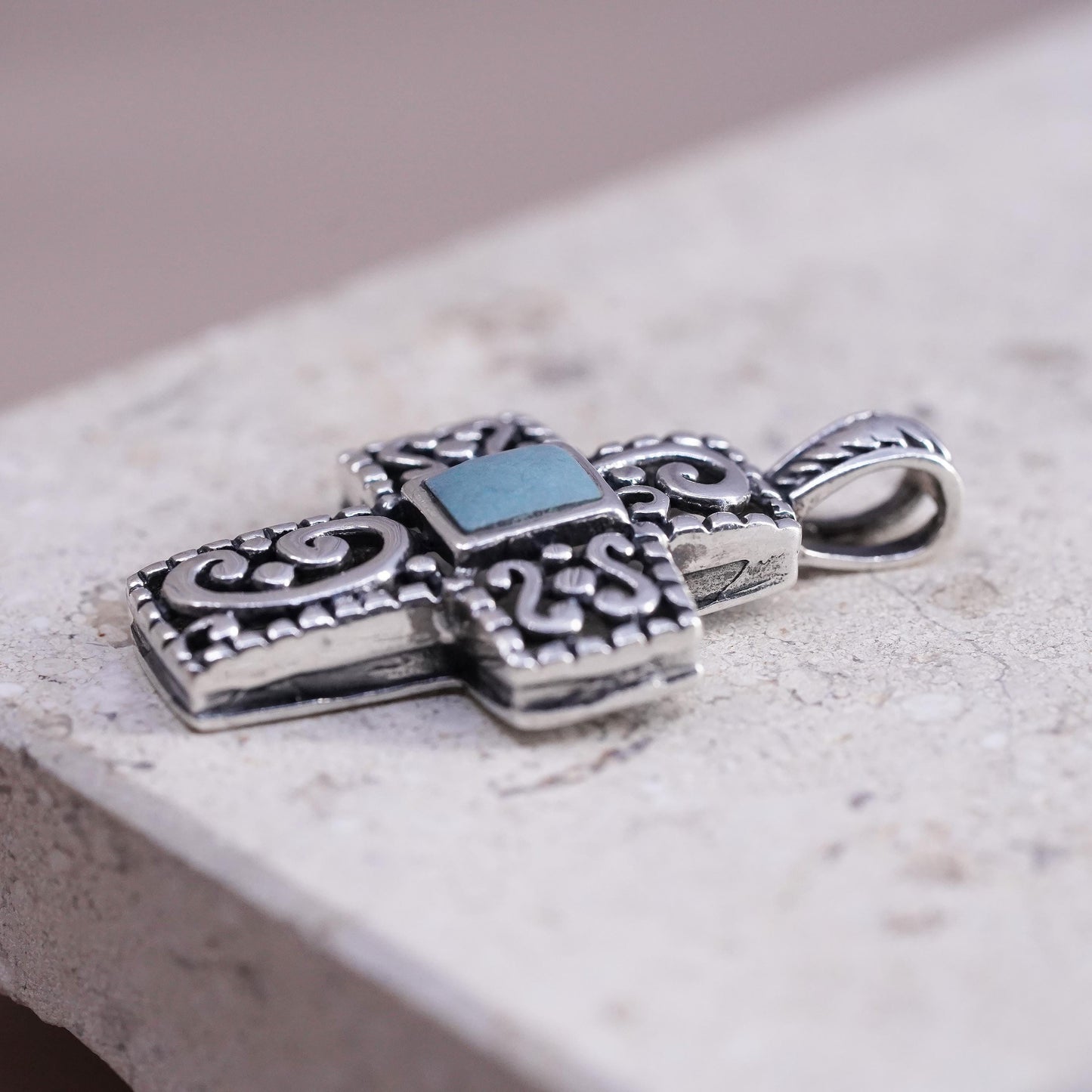 Vintage Sterling silver handmade pendant, 925 filigree cross with turquoise
