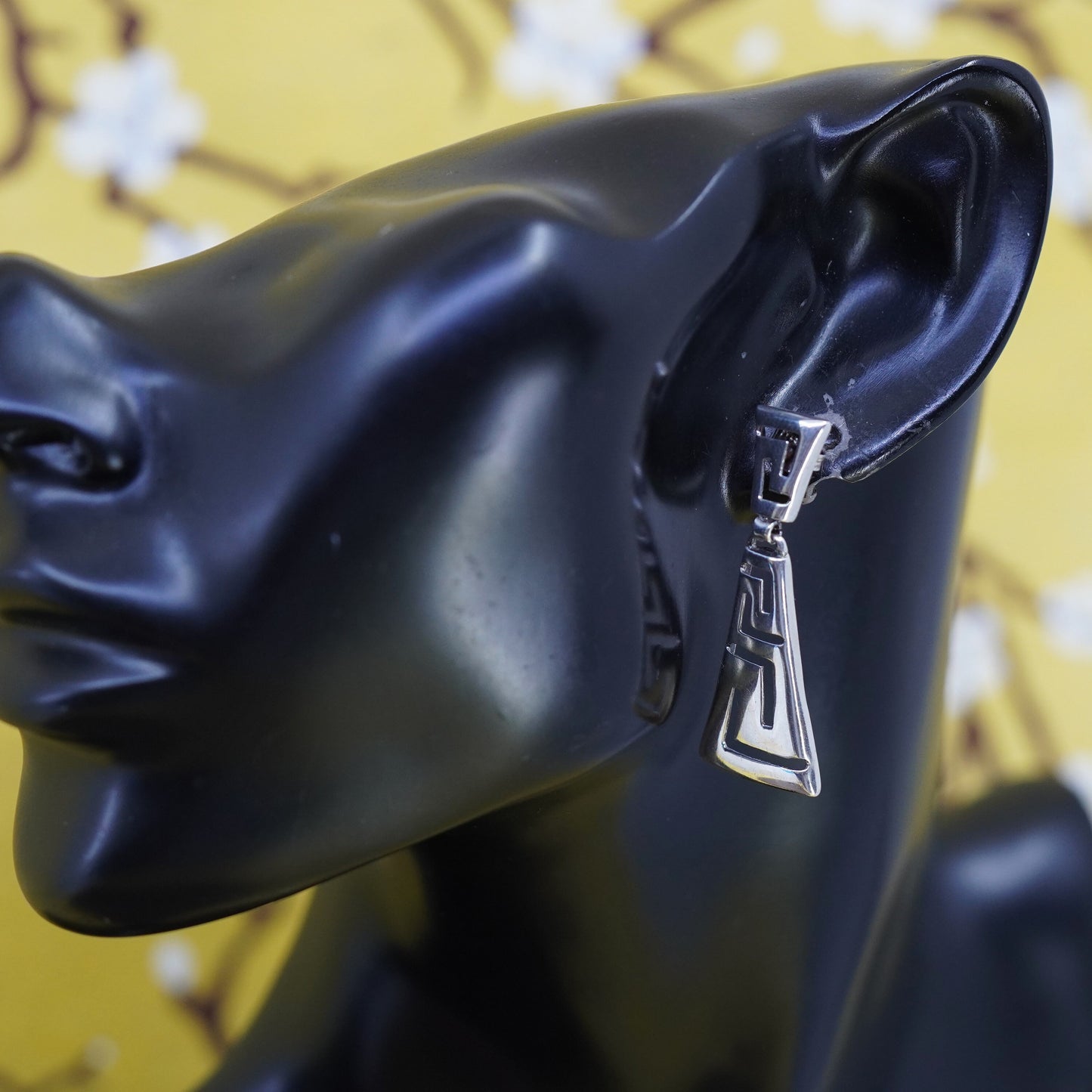 Vintage Sterling silver handmade earrings, 925 teardrop Greek key dangles