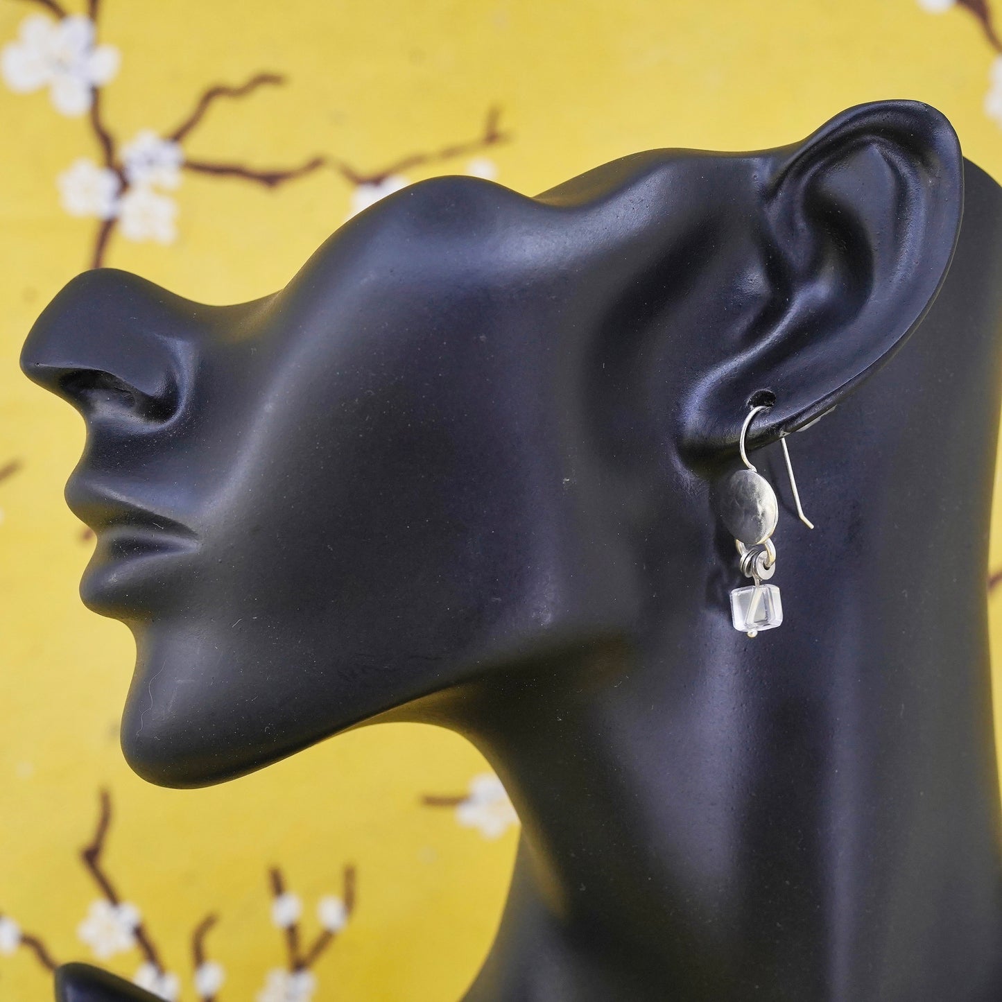 Vintage handmade sterling silver earrings, 925 hammered disc with crystal cube