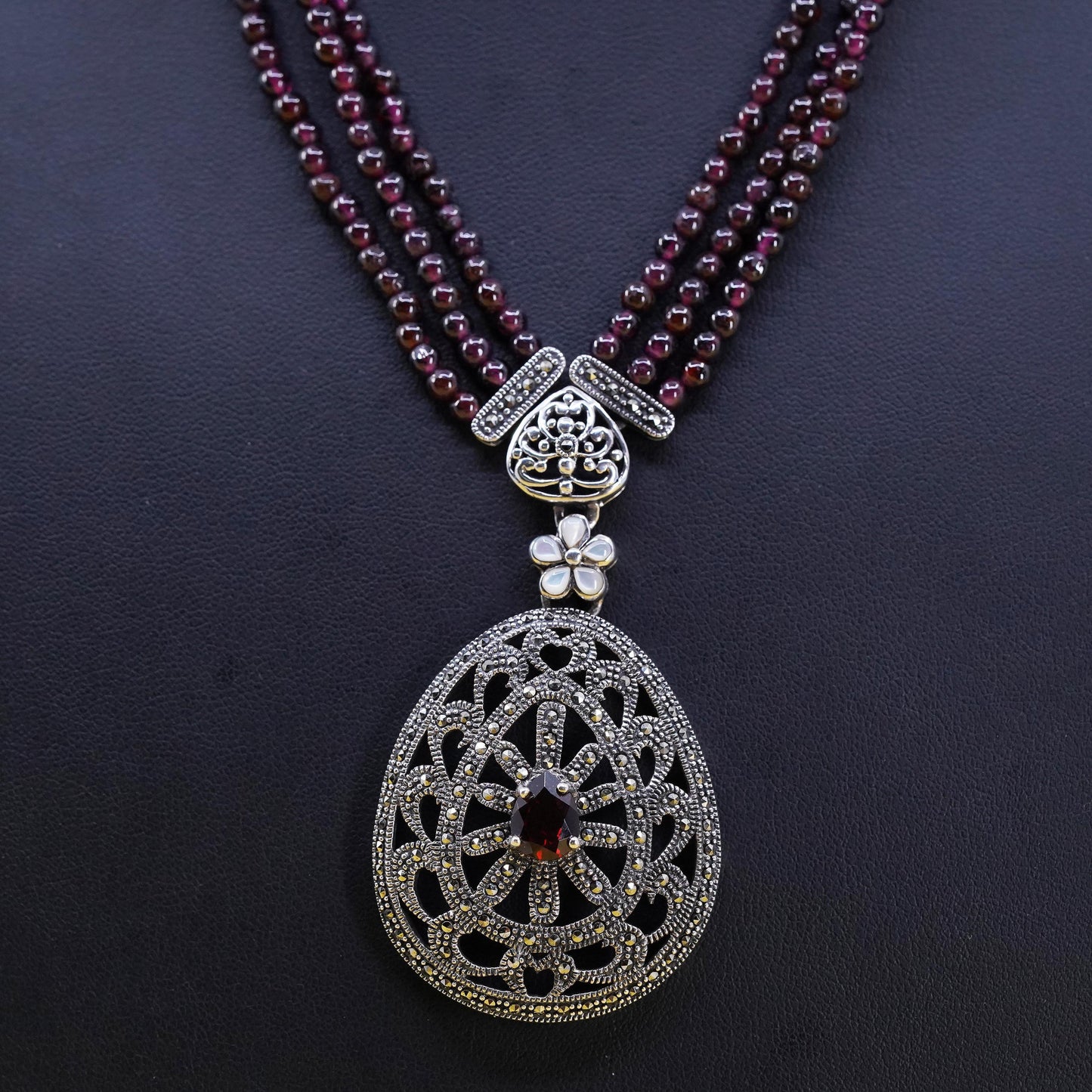 16+2" Sterling 925 silver multi strands necklace marcasite pendant garnet beads
