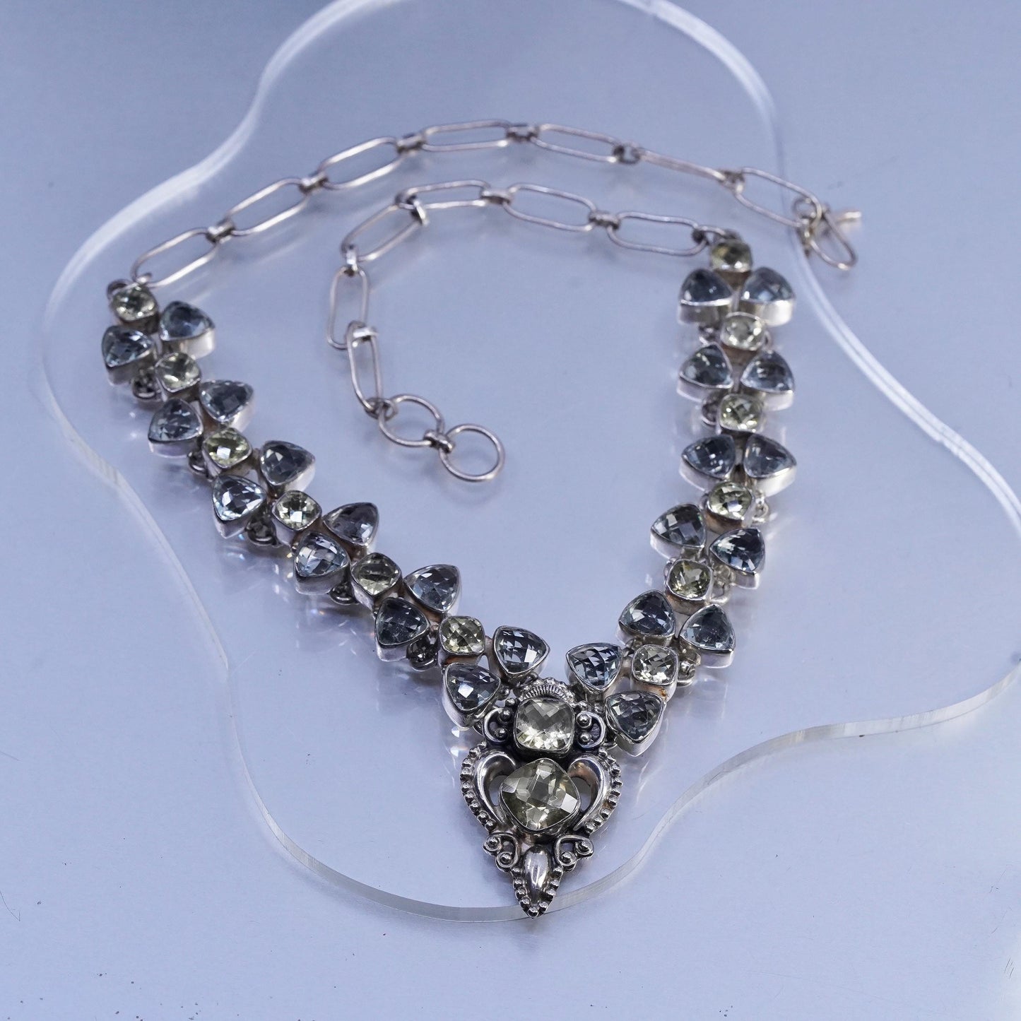 18”, Sterling 925 silver elongated chain necklace Prasiolite amethyst beads