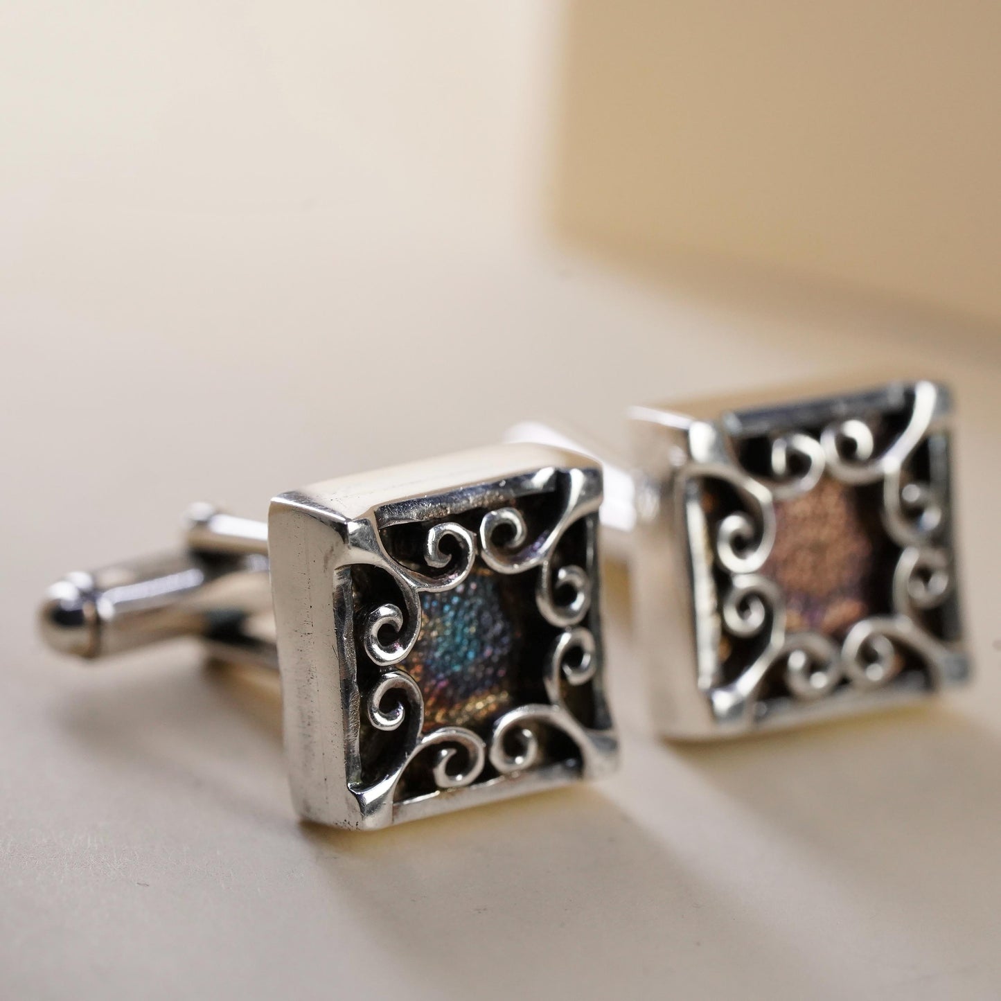 VTG sterling silver square filigree swirly cuff links, handmade 925 cufflinks