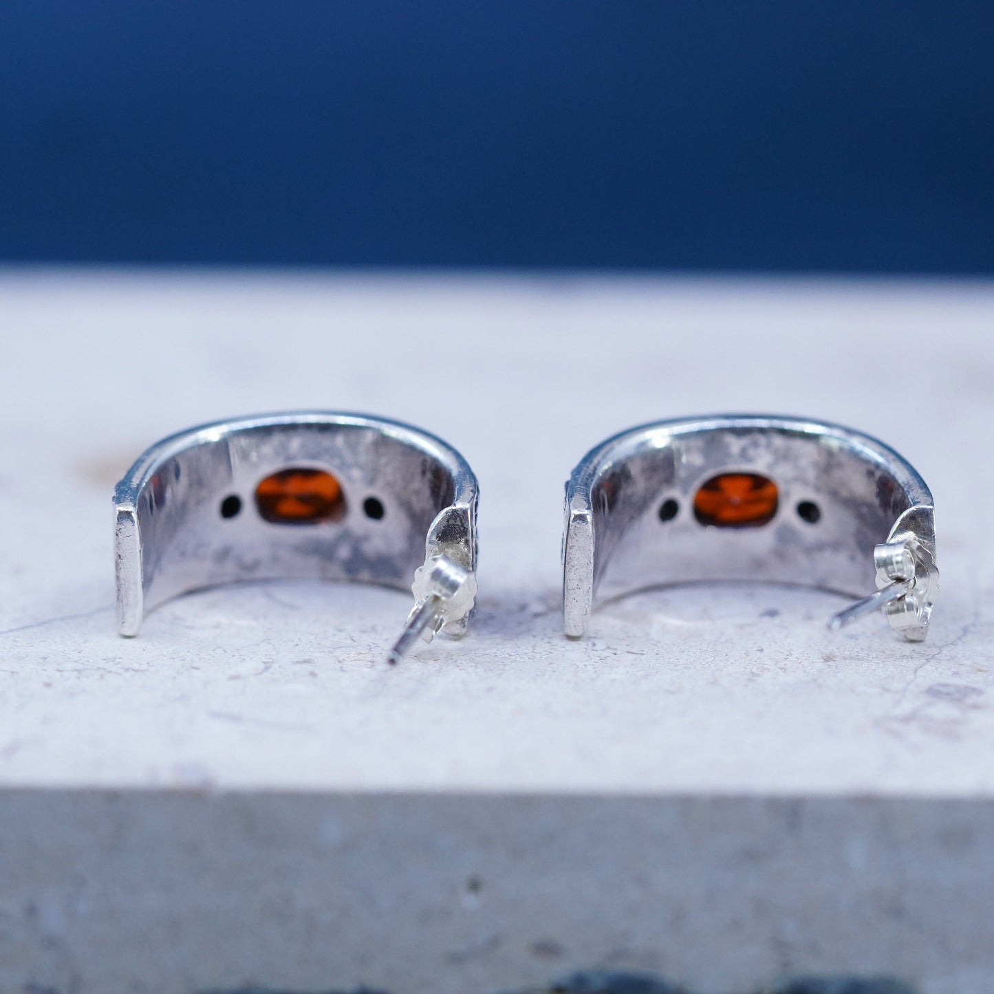 0.75”, Sterling silver handmade hoop earrings, textured 925 huggie studs ruby