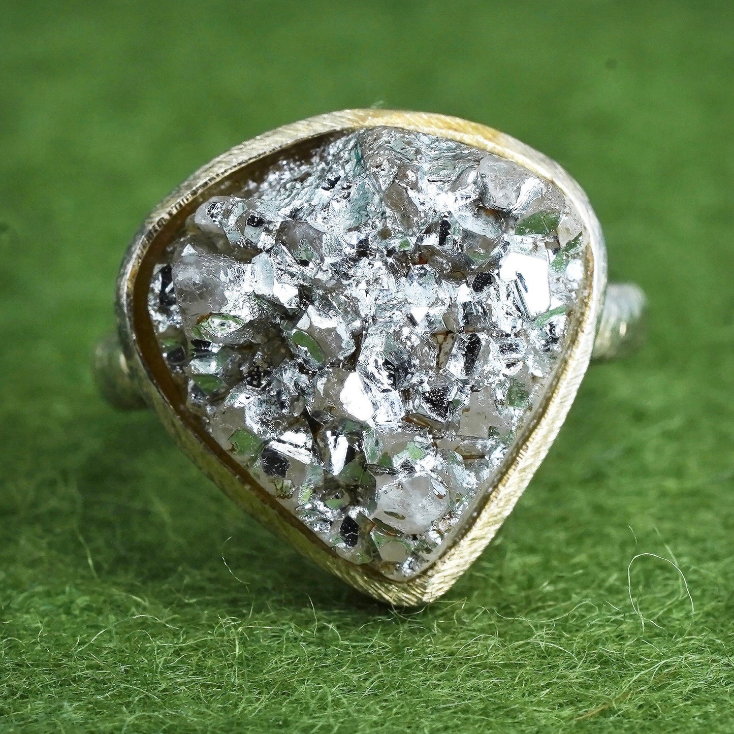 Size 7 vermeil gold over Sterling 925 silver teardrop ring metallic druzy stone