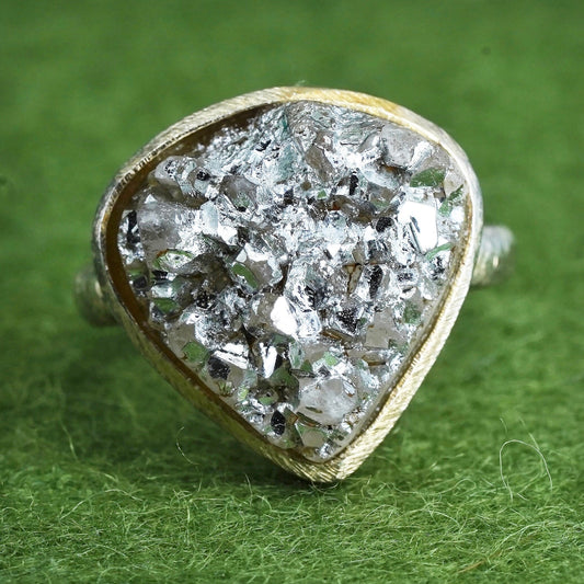Size 7 vermeil gold over Sterling 925 silver teardrop ring metallic druzy stone