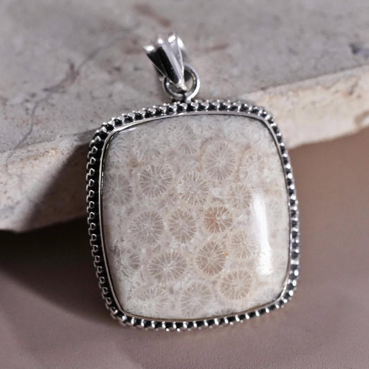 Vintage Sterling silver handmade pendant, 925 square with fossil coral beads