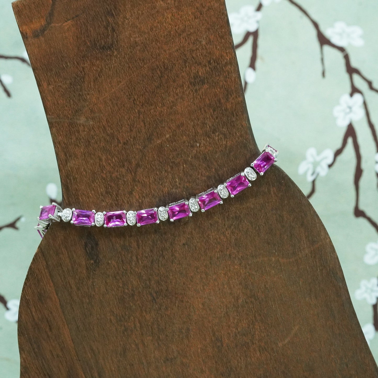 7.25”, Vintage sterling silver bracelet, 925 tennis bracelet with rose pink cz