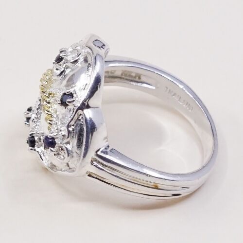 Size 7.25, Vtg Two Tone Sterling 925 Silver Handmade Ring W/ Leaves N Sapphire