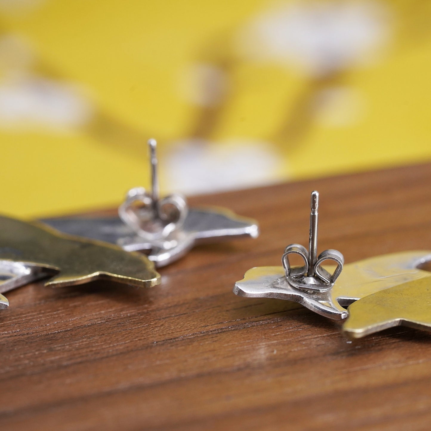 Mexican two tone Sterling silver handmade earrings, 925 brass dolphins studs