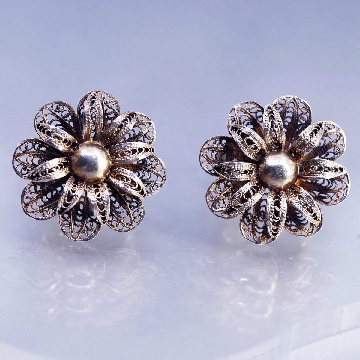 Vintage Vermeil Gold Over Sterling 925 Silver Filigree Screw Back Earrings Rose Flower