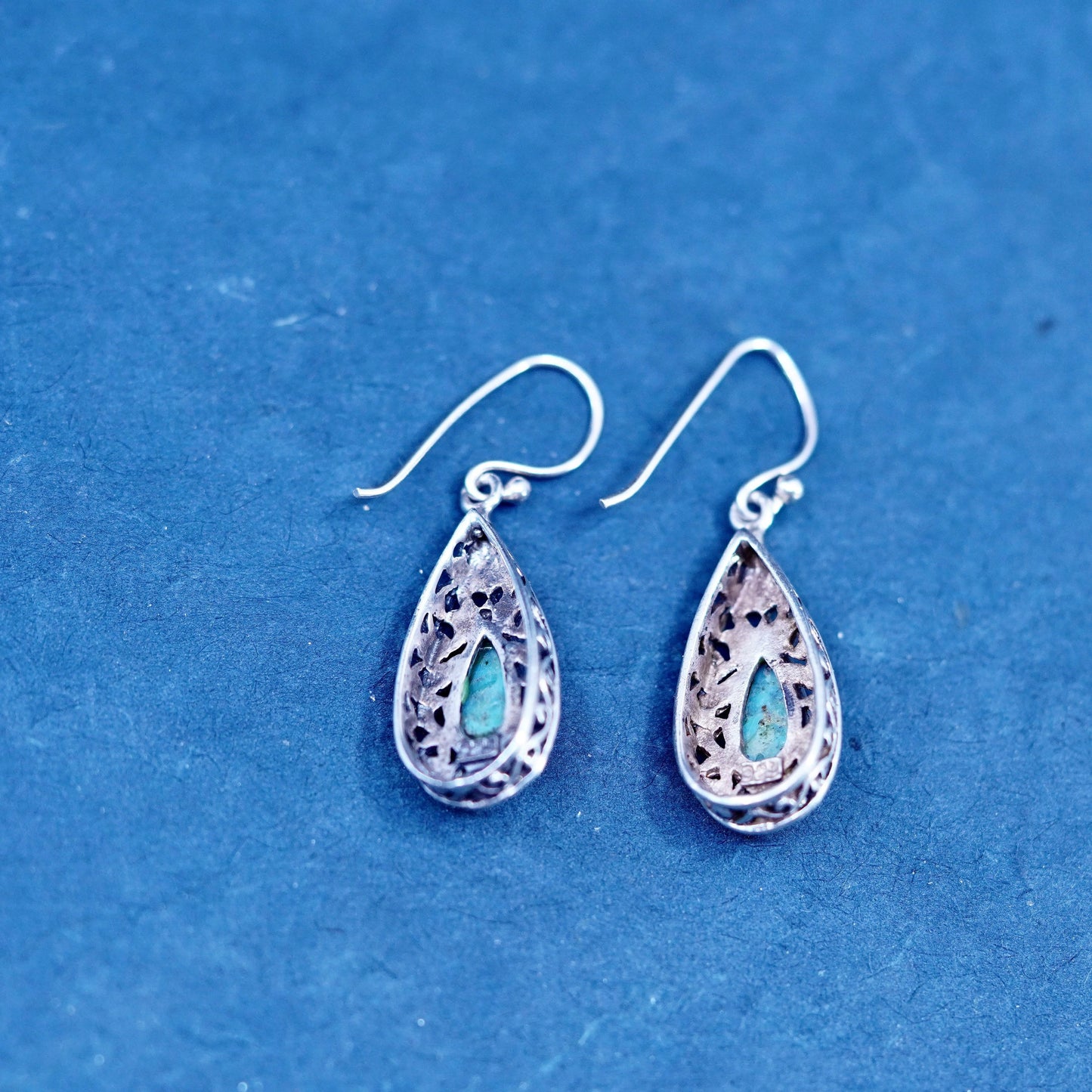 Vintage Sterling 925 silver handmade textured teardrop earrings with turquoise