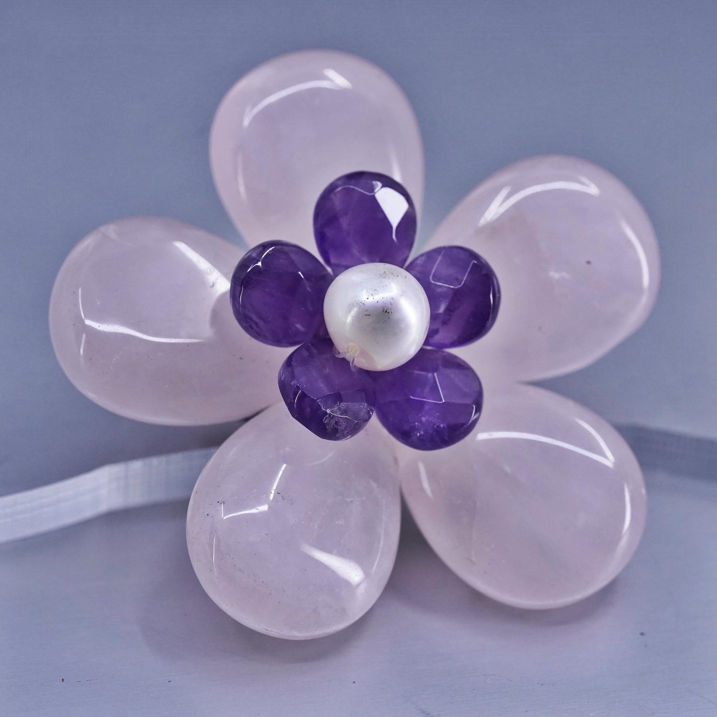 Vintage sterling silver brooch, 925 flower pin with amethyst pink rose quartz