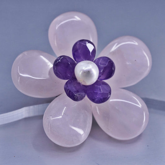 Vintage sterling silver brooch, 925 flower pin with amethyst pink rose quartz