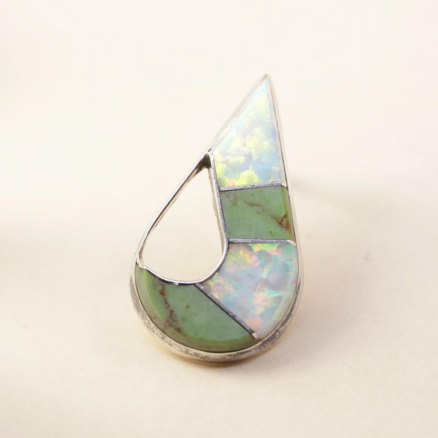 Native American Zuni single earring. Sterling 925 silver teardrop stud opal