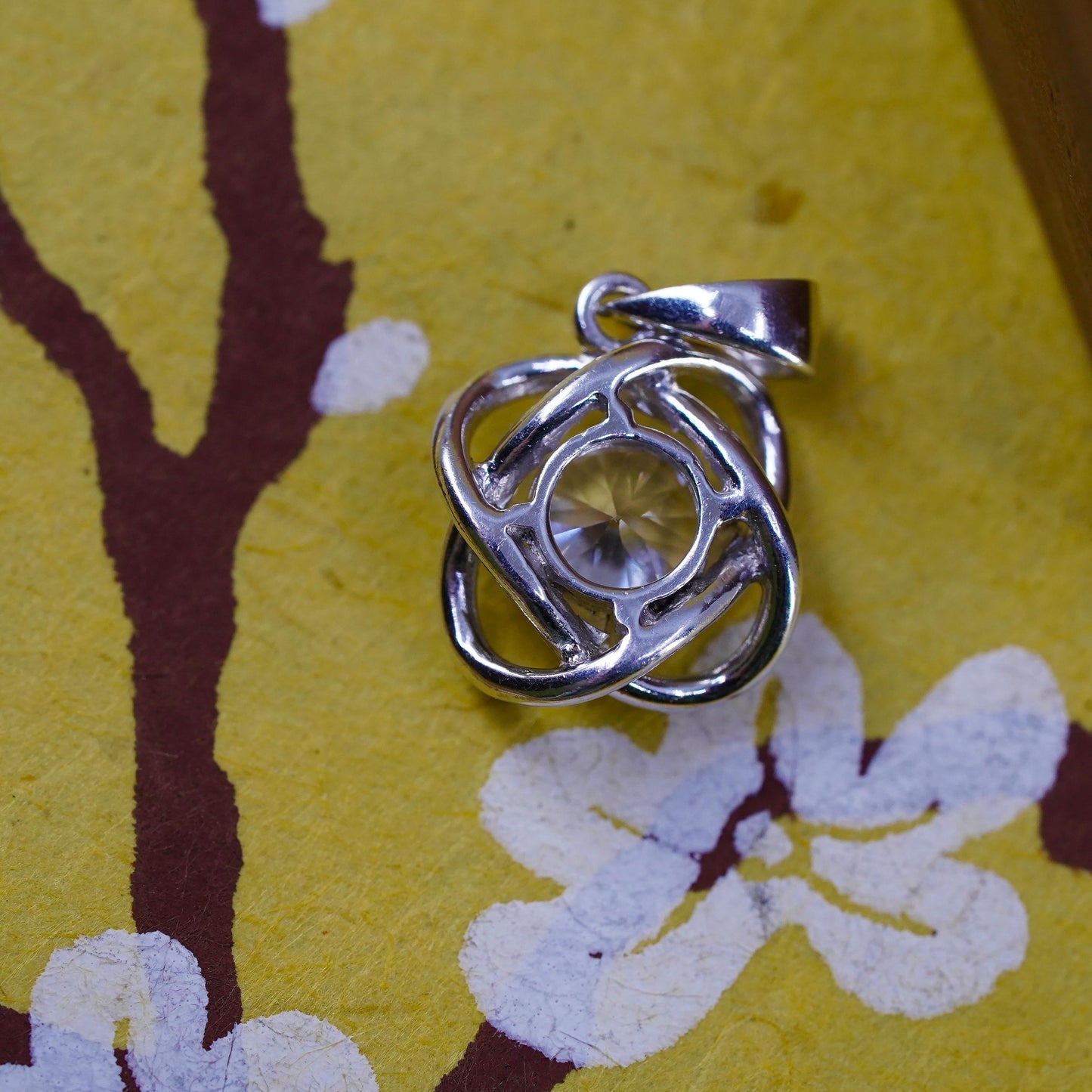 Vintage Sterling silver handmade flower pendant, 925 entwined charm with CZ