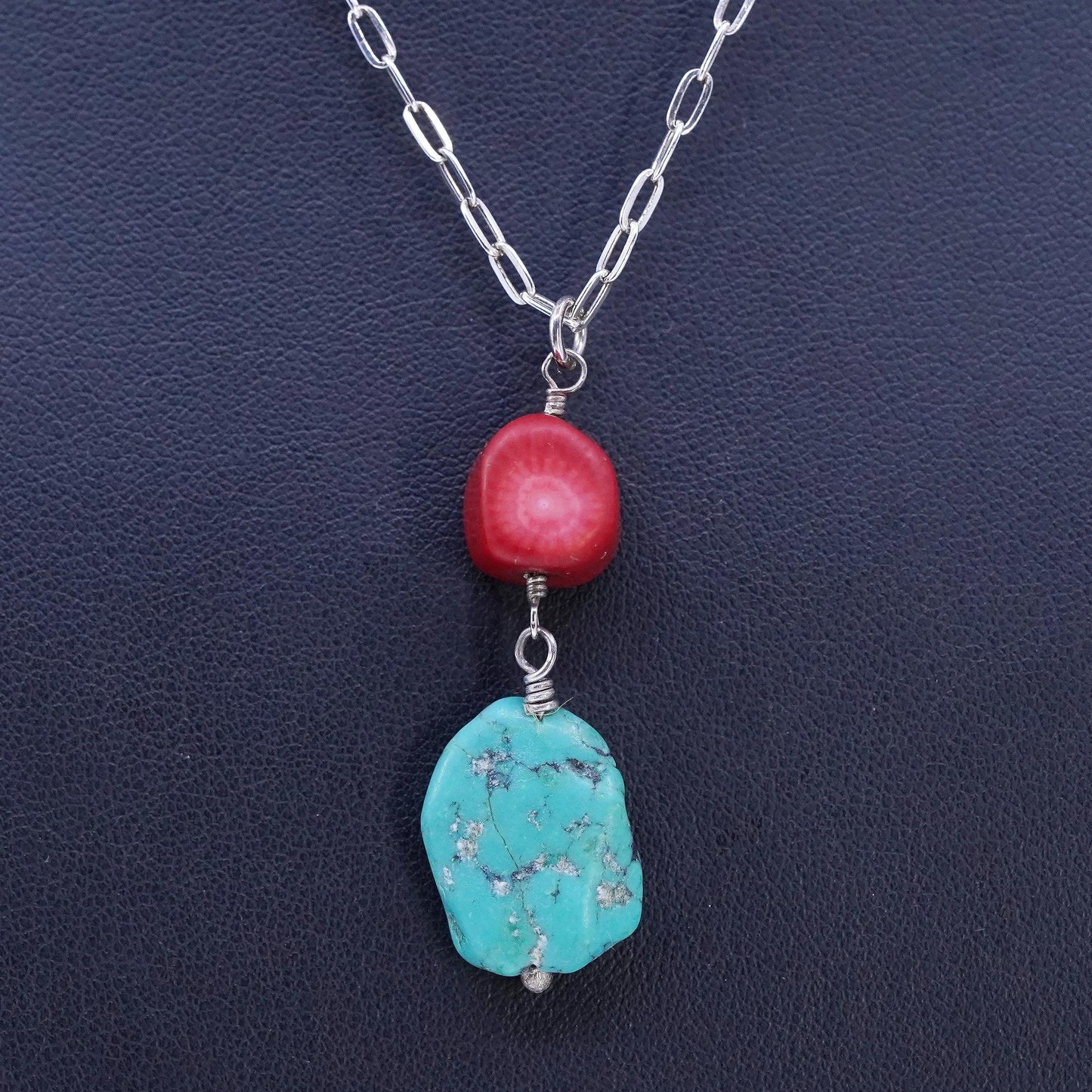 16+2", Sterling 925 silver elongated necklace turquoise coral beads pendant