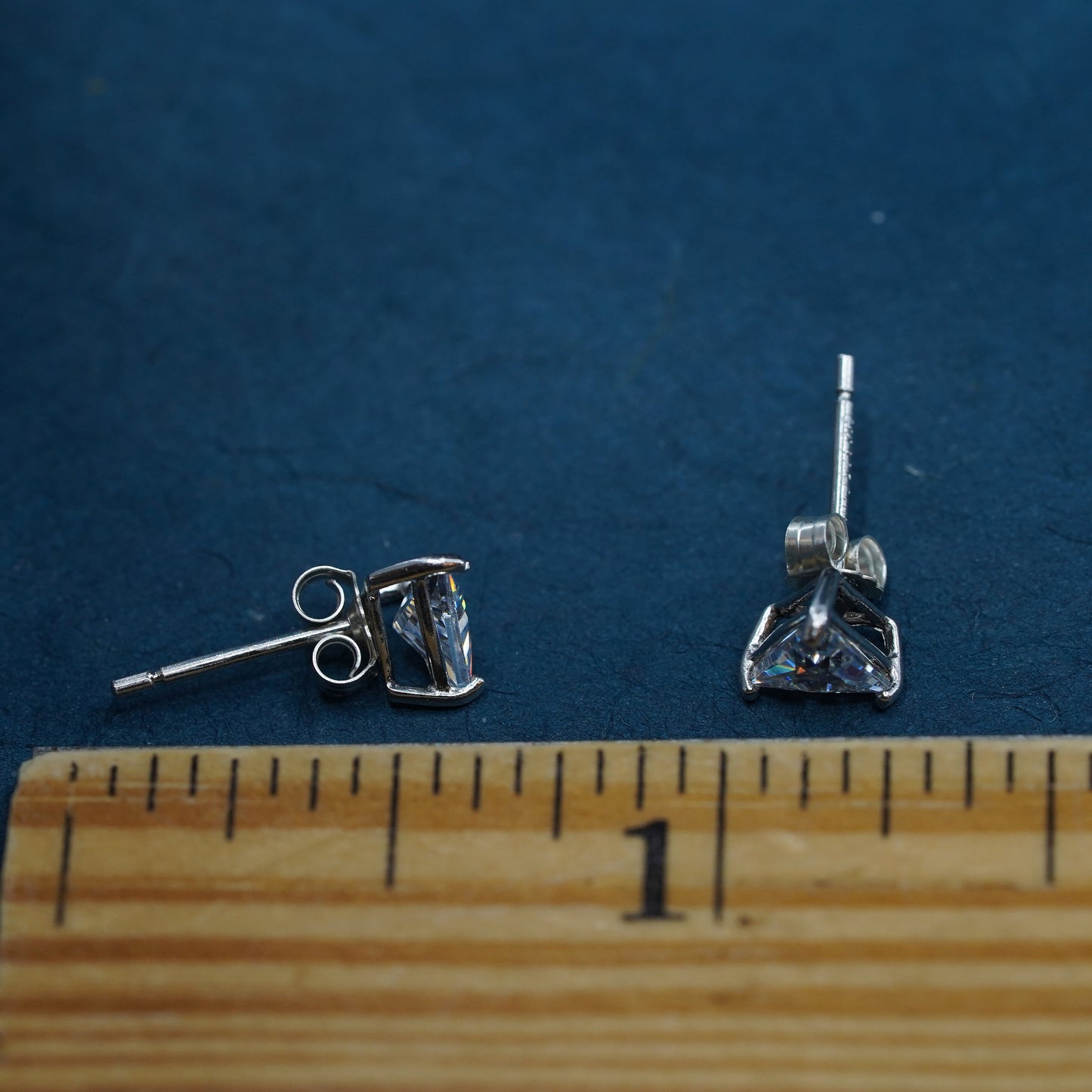 Vintage sterling silver handmade earrings, 925 triangular studs with CZ