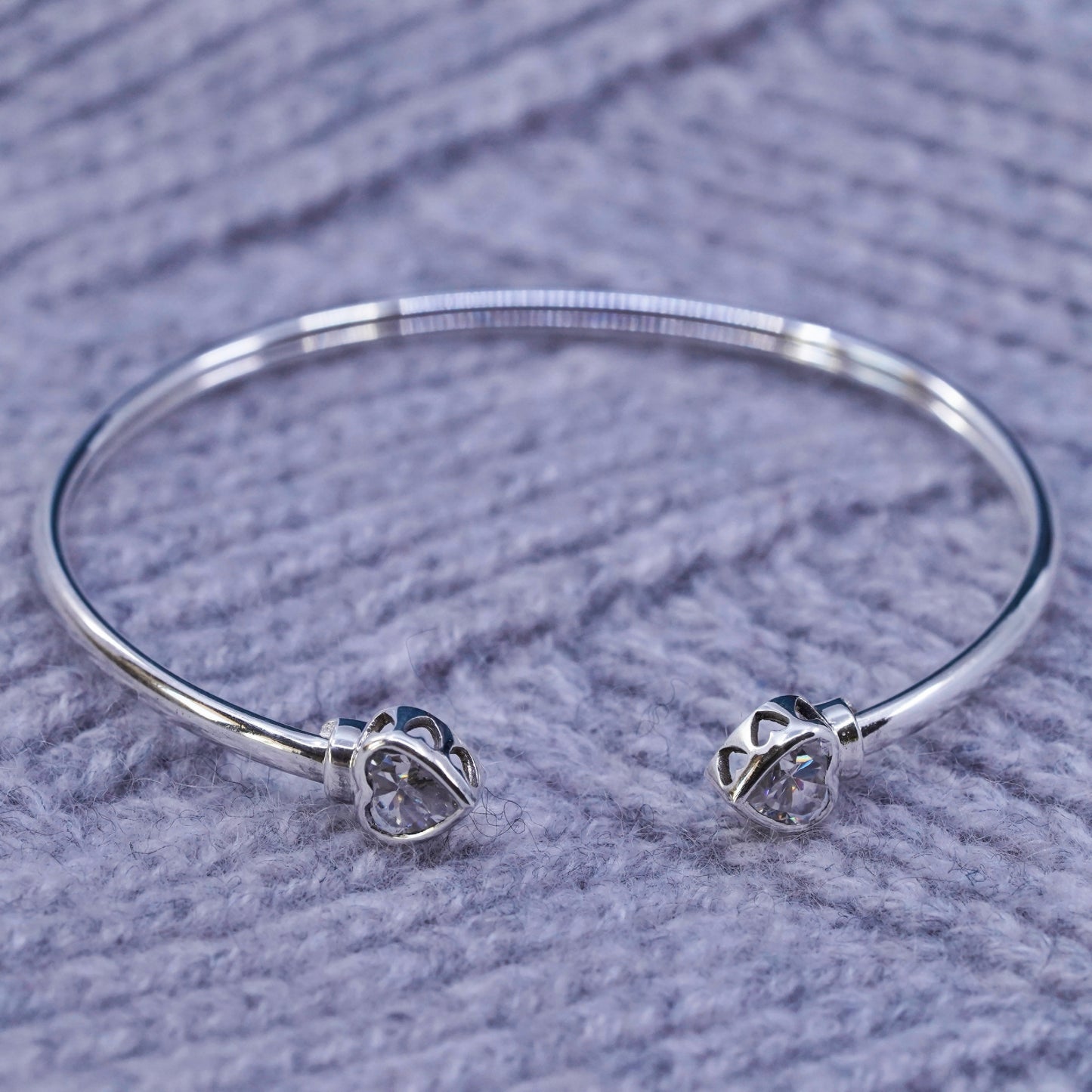 6.75”, vintage Sterling 925 silver stackable cuff bracelet with heart cz ends