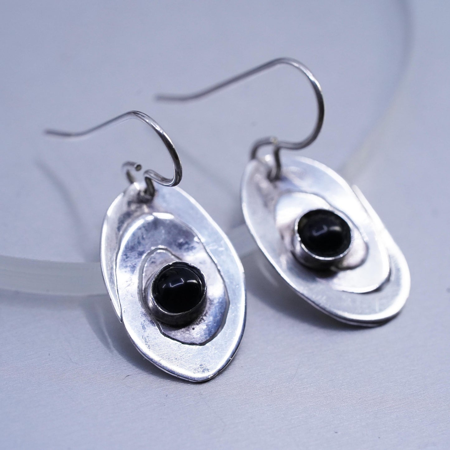 Vintage Sterling 925 silver handmade spiral cut earrings with black onyx