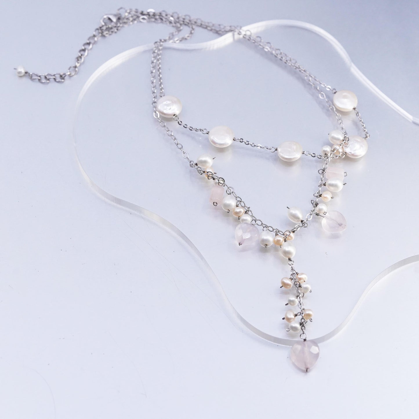 14+2” double strands Sterling 935 silver necklace cluster pearl quartz pendant