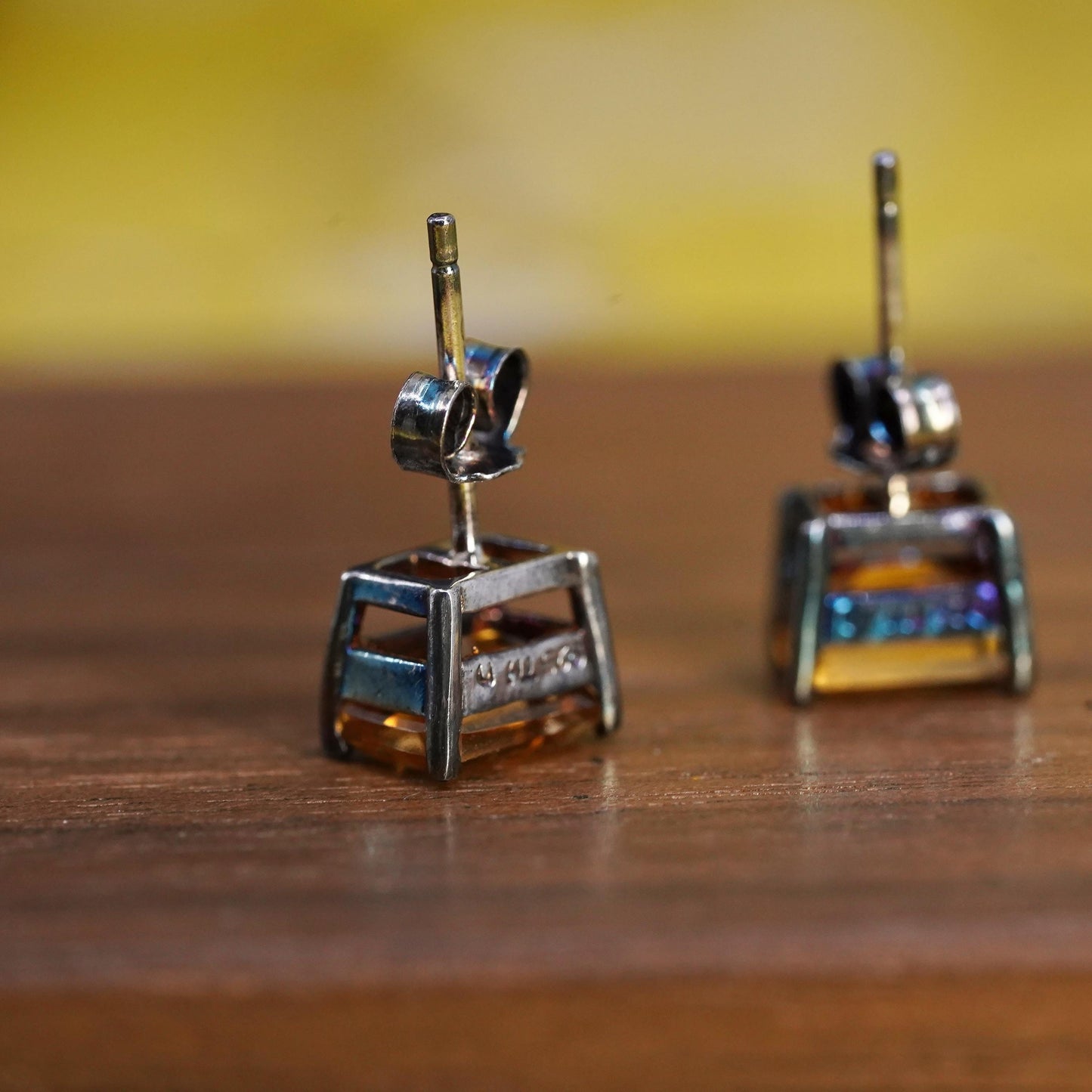 7mm, Vintage oxidized Sterling silver earrings, 925 studs with citrine