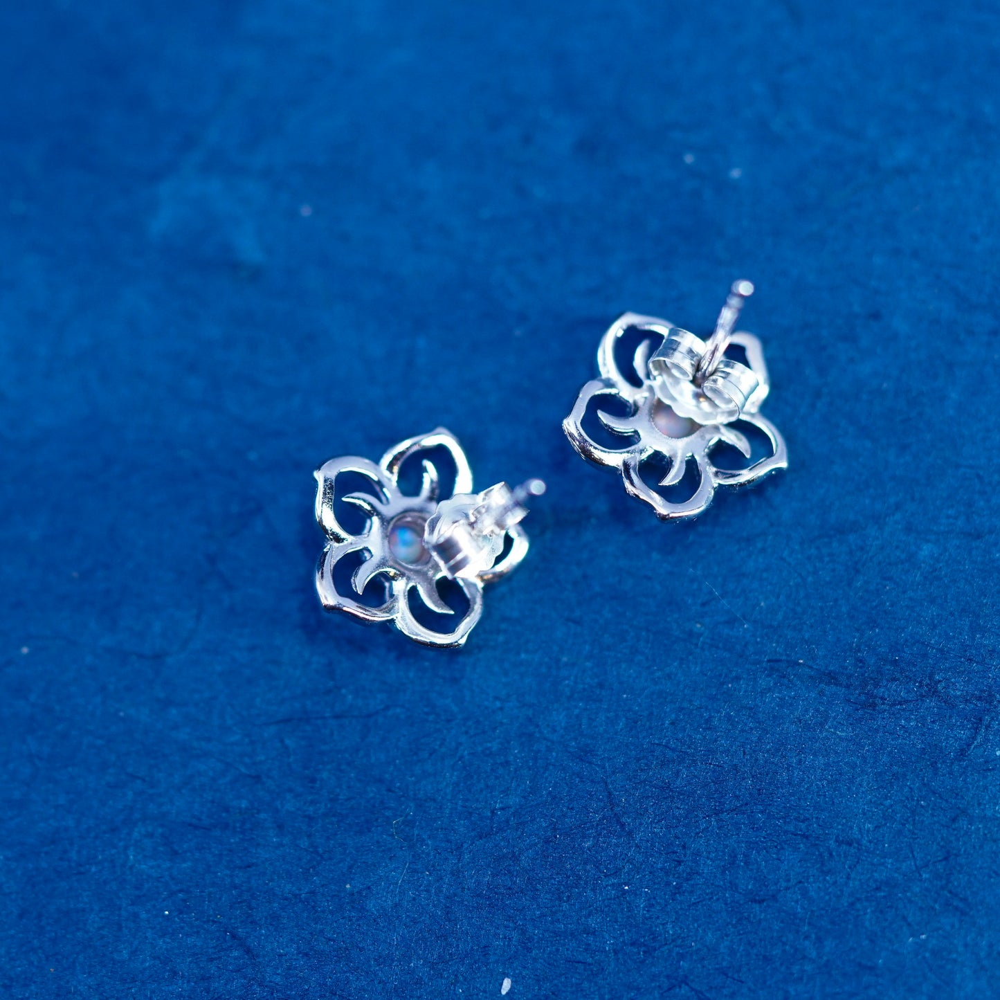 Vintage sterling silver handmade earrings, 925 flower studs with opal