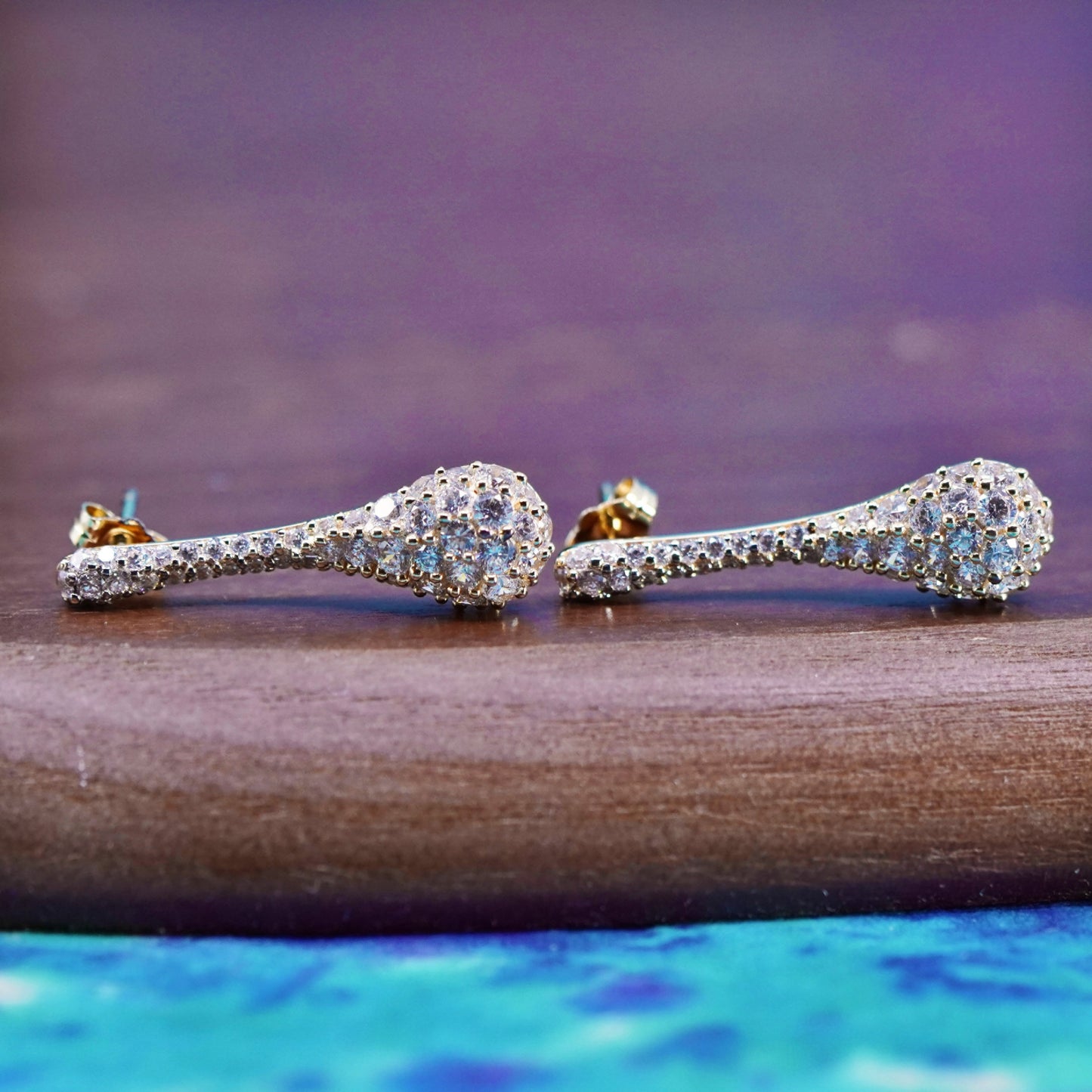 Vermeil gold over sterling silver earrings, 925 teardrop studs with cluster cz