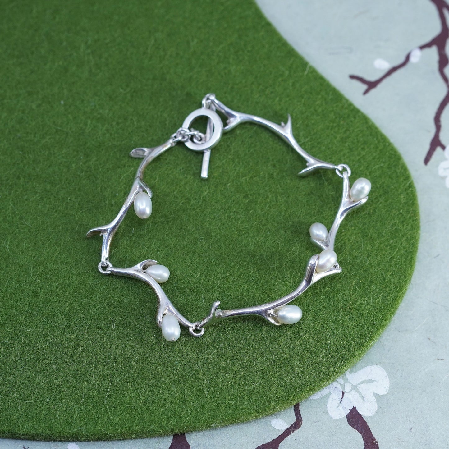 7”, Vintage sterling silver handmade bracelet, 925 branch link chain with pearl