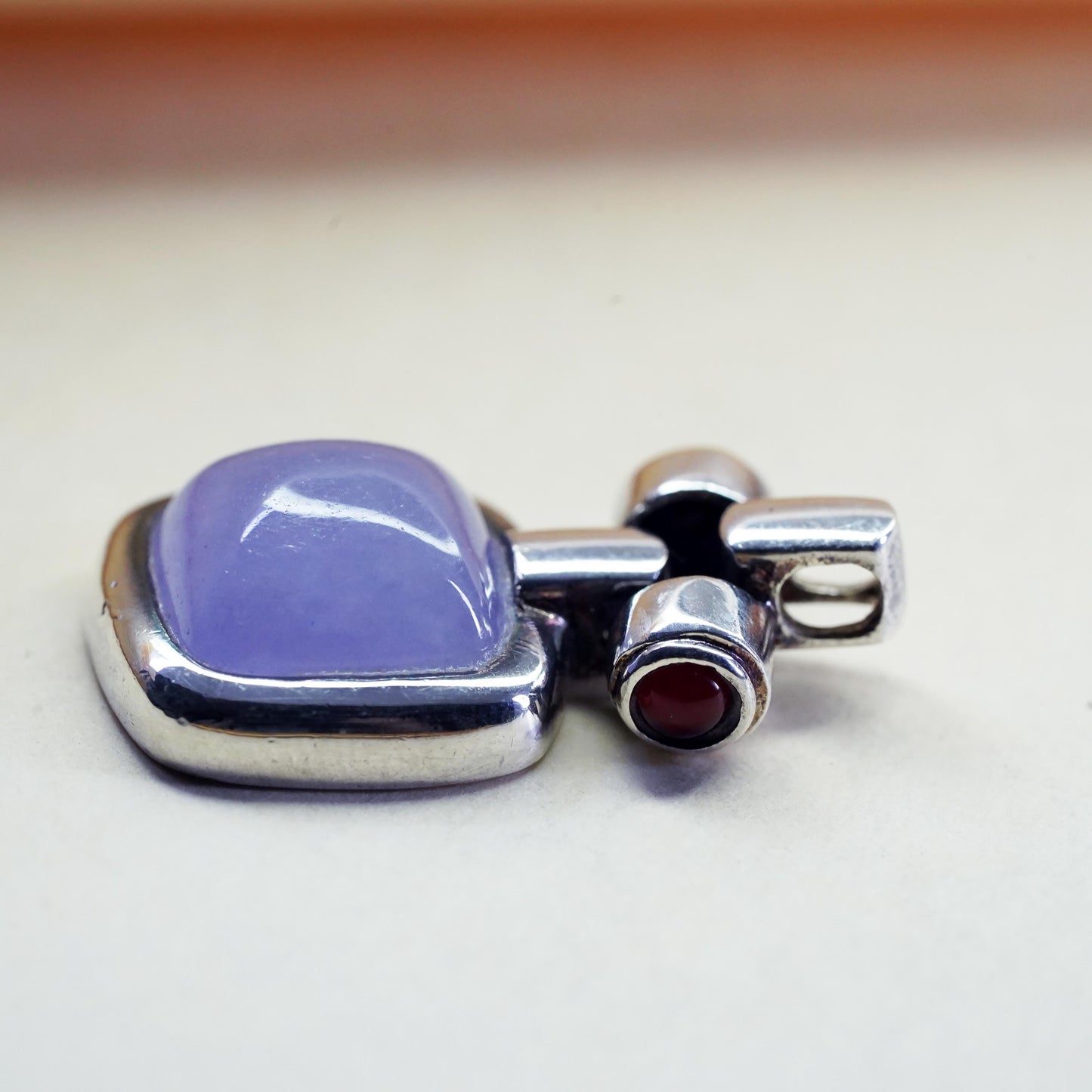 Vintage sterling 925 silver handmade square pendant with purple jade