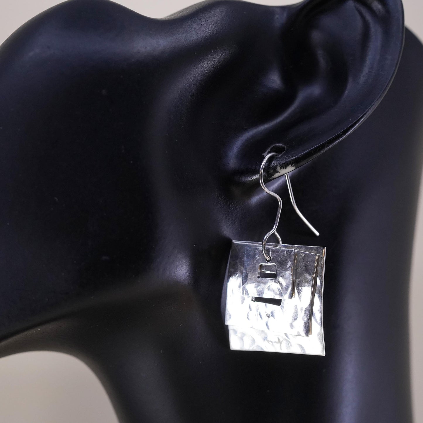 Vintage Sterling 925 Silver Hammered square disc Earrings